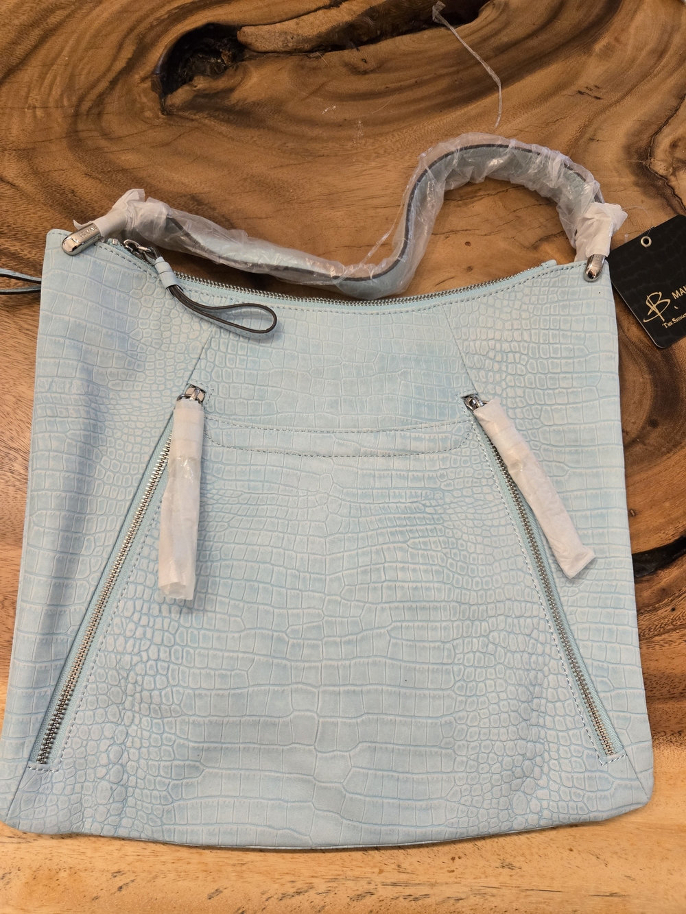 b. makowsky Light Blue Croc-Embossed Shoulder Bag
